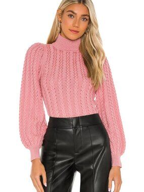 Alice + Olivia ESME Mock Neck Puff Sleeve Sweater in Metallic Rose $330 Size S
